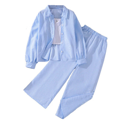 Kids Costume Suit For 4-12 Years Girls Pink Striped Long Sleeve Lapel Cardigan Shirt & Pants Daily Causal Style Comfortable Suit