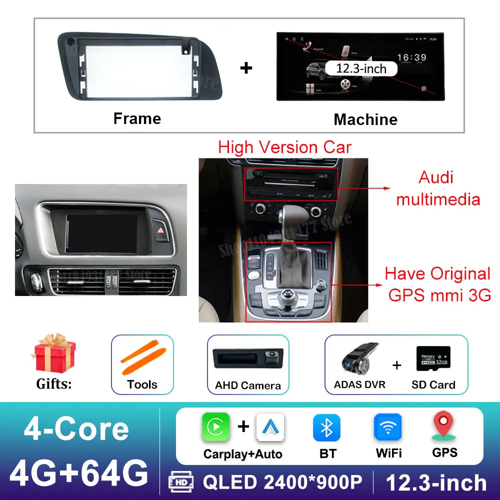 12.3 inch GPS Navigation Wireless Carplay Android 14 for Audi Q5 2009 - 2017 BT Car Multimedia Video Radio Player 4G Auto Tools