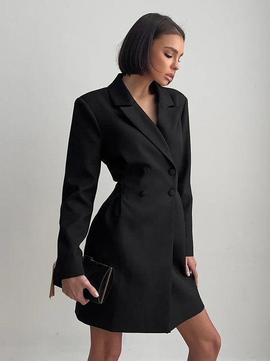 Woman Clothes Elegant Double Breasted Tunics Blazer Dresses Office Lady Notched Long Sleeve Buttons Solid Black Short Dress