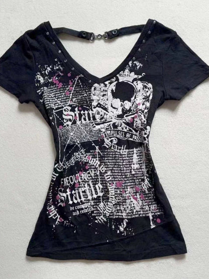 2025 Ropa Mujer Summer Tshirts for Women V-neck Short Sleeve Tunic Camisetas Pink Print Tees Crop Tops Casual Chic Y2k T-shirt