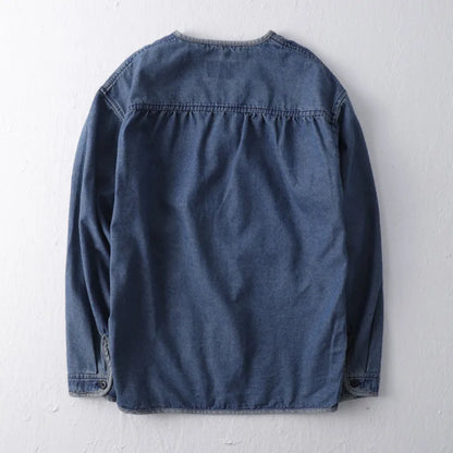 Hip Hop Men's Washed Workwear Denim Jacket Spring Autumn Collarless Taoist Robe V-neck Jackets And Coats Streetwear