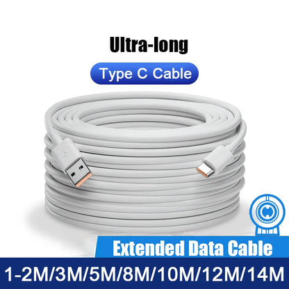 Ultra Long USB To Type C Cable For Xiaomi Redmi Huawei Mobile Phones Charging Cable Equipment VR Camera 2M 3M 5M 8M 10M 12M 14M