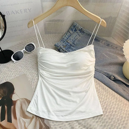 Women Sexy Ruched Camisole Top with Built-in Bra Solid Color Spaghetti Sweet and Spicy Sleeveless Outerwear Vest