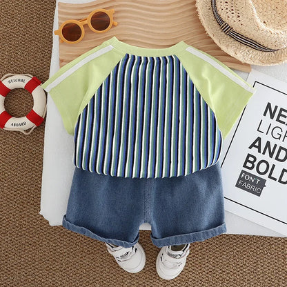 Baby Children's Summer Clothes Set 1-5Y Raglan Sleeve Striped T-shirt and Denim Shorts Boys 2pcs Suit Kid's Short Sleeve Outfit