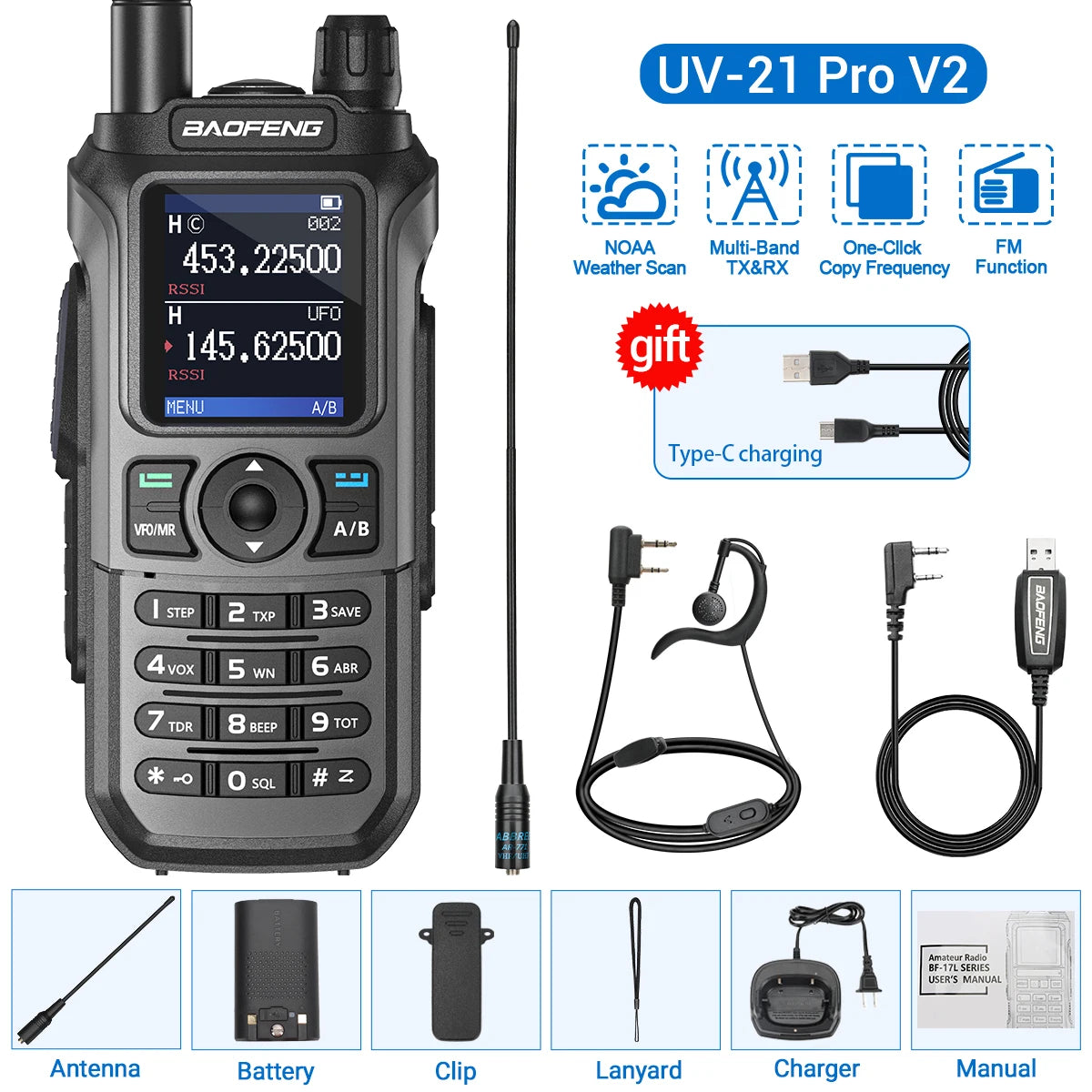 Baofeng UV-21 Pro V2 Wireless Copy Frequency Mutli Band Powerful Waterproof Long Range UV-5R Long Range Type-C Two Way Ham Radio