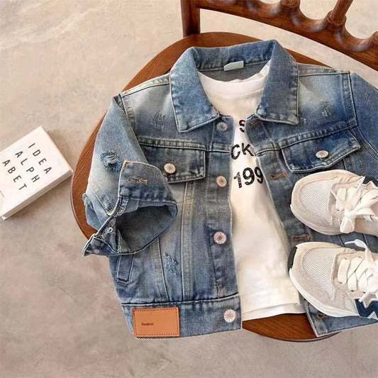 Children's Clothing Denim Jacket 2025 Autumn New Item for Boys and Girls Solid Color Ripped Denim Jacket Baby Versatile Top