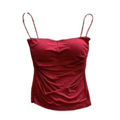 Women Sexy Ruched Camisole Top with Built-in Bra Solid Color Spaghetti Sweet and Spicy Sleeveless Outerwear Vest