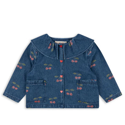 New Kids Girls Clothes  Cute Print Cherry Denim Jacket Coat Overalls Jeans Toddler Girls Denim Dress White Shirt Outfit Set