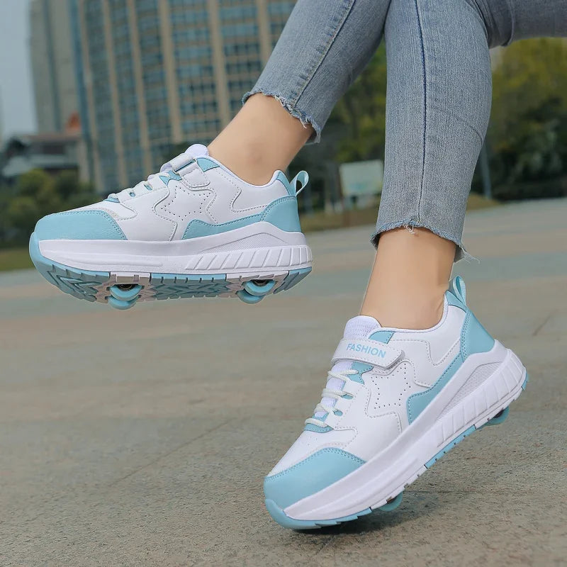 Kids Roller Skate Shoes with Wheels Fashion Casual Sports Children 4-Wheels Speed Sneakers for Boys and Girls Gift Nice Footwear