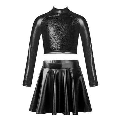 Children Clothing Girl Metallic Sleeveless Tops Flared Pleated A-Line Mini Short Skirt Kids Outfits 2pcs Clothes Set Dance Wear