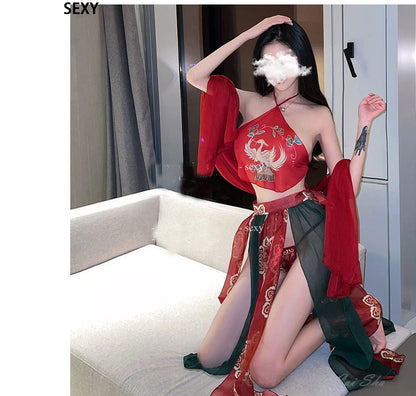 Women Chinese Traditional Dress Hanfu Chiffon Pajamas Robe Apron Suit Sexy Erotic Lingerie Vintage Clothing Female Nightdress