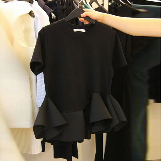 Ropa Mujer Short Sleeved Ruffled Irregular T-shirts Vintage Clothes Graphic T Shirts Camisetas Cotton Tees Y2k Black Tshirt