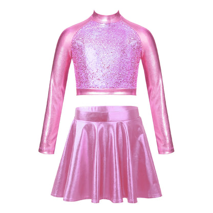 Children Clothing Girl Metallic Sleeveless Tops Flared Pleated A-Line Mini Short Skirt Kids Outfits 2pcs Clothes Set Dance Wear