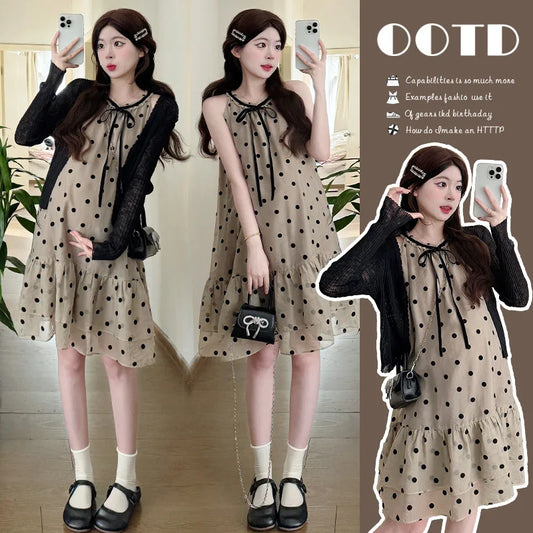 Pregnant Women's Clothing 2025 Summer New Style Reduced Age French Polka Dot Dress Two-piece Set