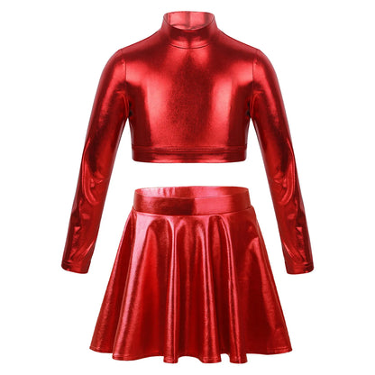 Children Clothing Girl Metallic Sleeveless Tops Flared Pleated A-Line Mini Short Skirt Kids Outfits 2pcs Clothes Set Dance Wear