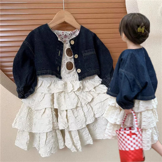 Korean Children's Clothing 2024 Spring and Autumn New Set Children Suspender Cake Skirt Denim Jacket Two-piece Set