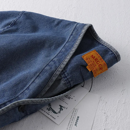 Hip Hop Men's Washed Workwear Denim Jacket Spring Autumn Collarless Taoist Robe V-neck Jackets And Coats Streetwear