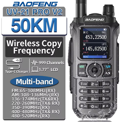Baofeng UV-21 Pro V2 Wireless Copy Frequency Mutli Band Powerful Waterproof Long Range UV-5R Long Range Type-C Two Way Ham Radio