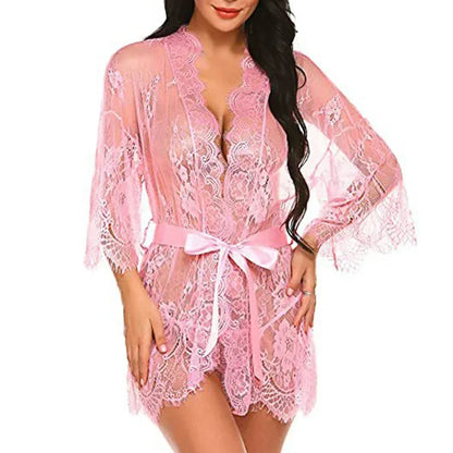 Sexy Lace Robe Dress+G String Thongs Women Erotic Transparent Sleepwear Pajamas Lace Nightdress Mujer Pornos Costumes Underwear