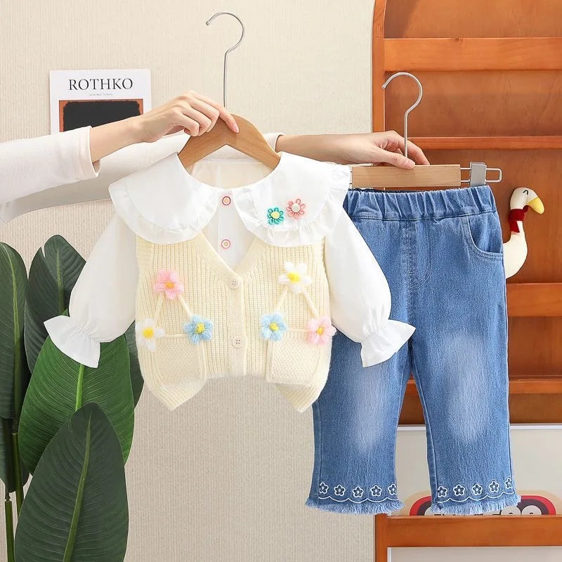 Children Clothing Sets for Girls T Shirt Floral Vest Bow Jeans Spring Autumn Toddler Baby Clothes Infant Outfits Kids Tracksuit