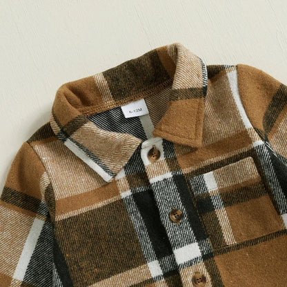 Children Clothing Kids Boys Plaid Print Long Sleeve Turn-down Collar Pocket Shirts Sets Pants Outfits 0-5Y