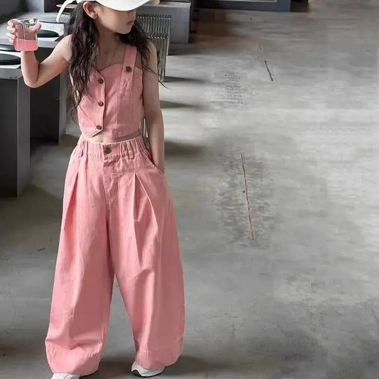 Children's Clothing Girls' Denim Suit  Summer Wear Junior Girls Camisole Vest Loose Straight Leg Pants Two Piece Set Korean