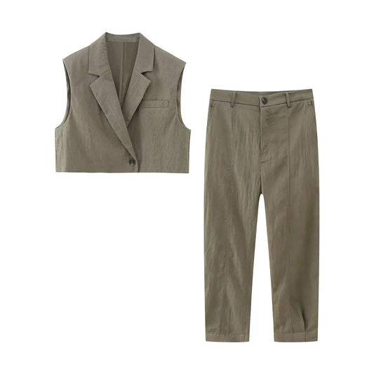 Vintage Elegant Casual Office Lady Woman Suit Casual Short Vest Blazer +Modern Long Pants Streetwear Autumn Mujer Sets