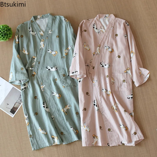 2025 Women's Robe 100% Cotton Robe Kimono Seven-Sleeve Pajamas Loose Cartoon Cat Print Night-robe Pajamas Bathrobe for Couple