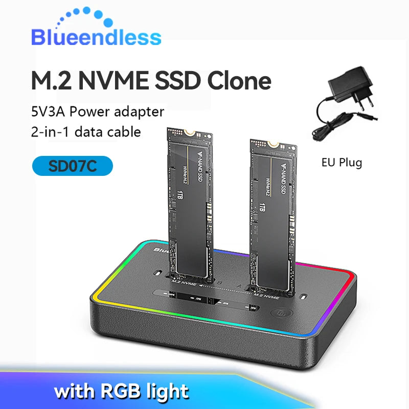 Blueendless Dual-Bay M.2 NVME SSD Clone Docking Station 20Gbps USB3.2 USB C Type C OFFline Cloner Duplicator NVme PCIE Enclosure
