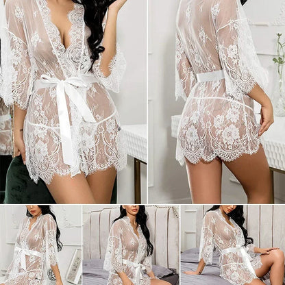 Sexy Lace Robe Dress+G String Thongs Women Erotic Transparent Sleepwear Pajamas Lace Nightdress Mujer Pornos Costumes Underwear