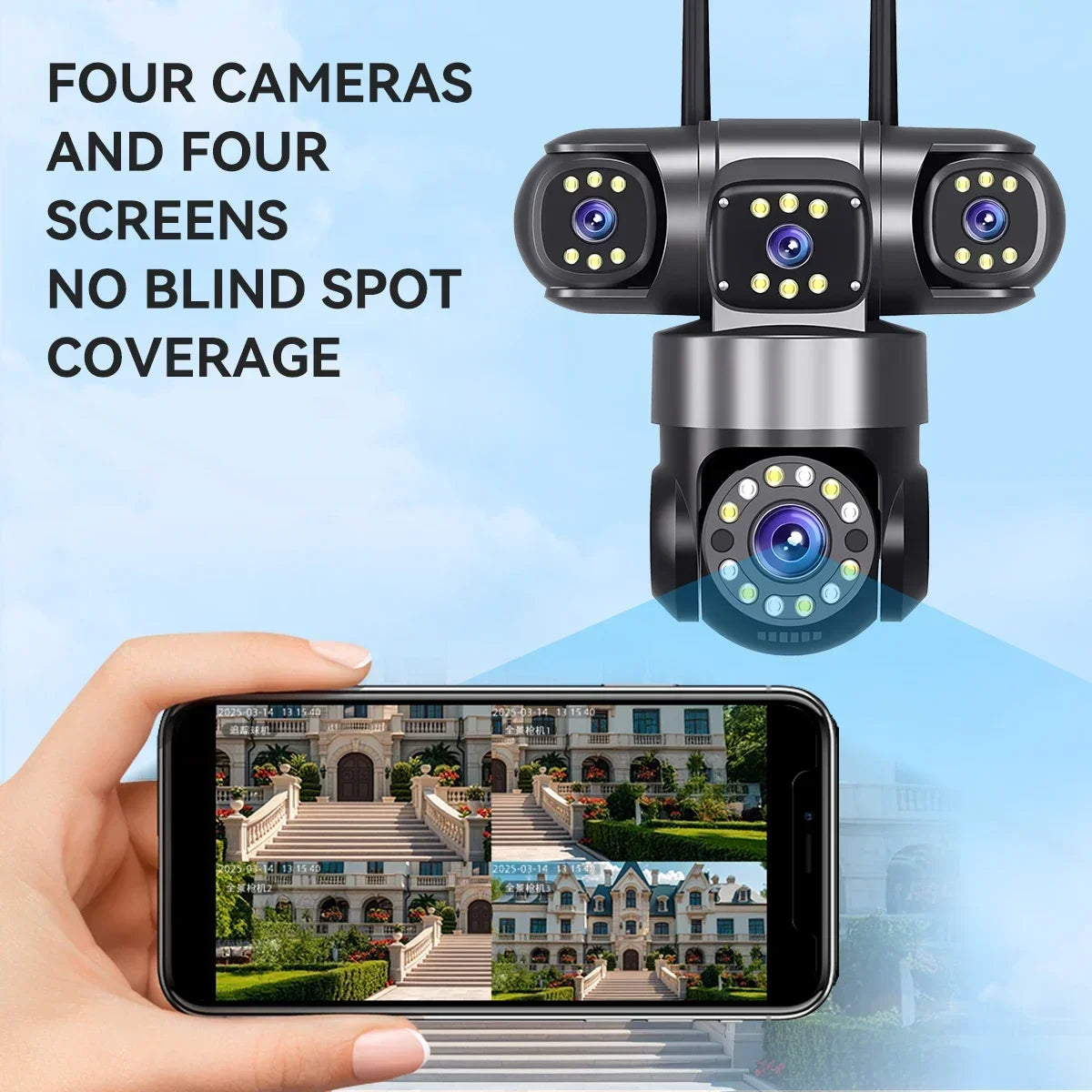 10K 20MP Home Security Outdoor WiFi Camera 4 Lens 4 Screen 360° 16X Zoom CCTV Wireless Surveillance PTZ Cam Security Protection