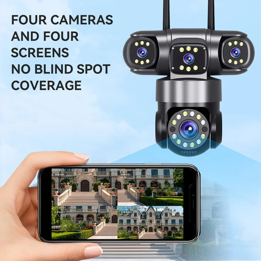 10K 20MP Home Security Outdoor WiFi Camera 4 Lens 4 Screen 360° 16X Zoom CCTV Wireless Surveillance PTZ Cam Security Protection