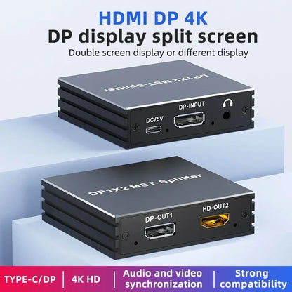 4K 60Hz DisplayPort Splitter 1 In 2 Out DP 1.4 MST Hub 1x2 Extend DP to HDMI Dual Monitor for Desktop Video Card to TV Monitor