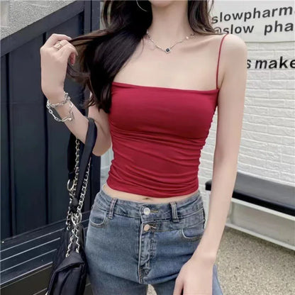 Women Sexy Ruched Camisole Top with Built-in Bra Solid Color Spaghetti Sweet and Spicy Sleeveless Outerwear Vest
