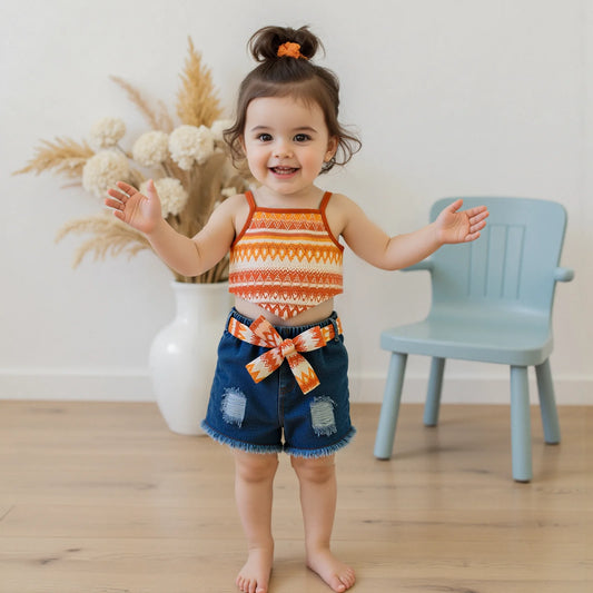 2-7Y Kids Girls Summer Outfits Adorable Boho Print Camisole Tops and Ripped Denim Shorts with Belt Set Fashion Children Clothes