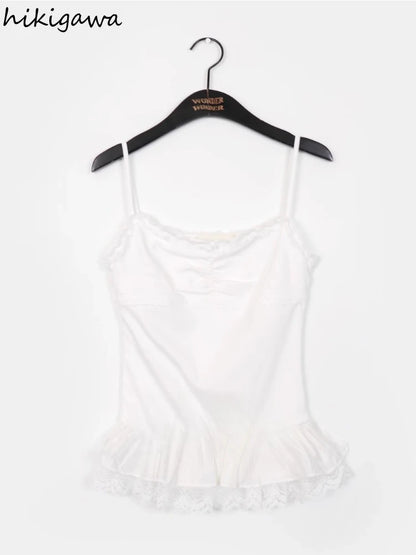 2025 Ropa Mujer Korean Fashion Vest for Women Patchwork Lace Sweet Camis Sleeveless Tunic Camis Solid Color Summer Sexy Tanks