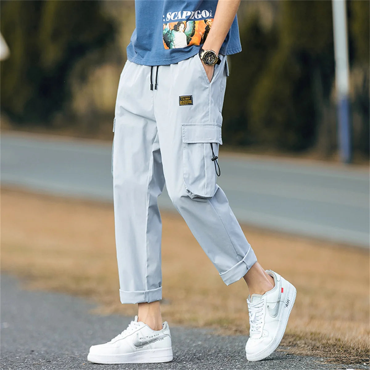 Men's Cargo Pants Casual Hip Hop Hit Color Multiple Pockets Trousers Streetwear Ribbons Techwear Sweatpants Boys