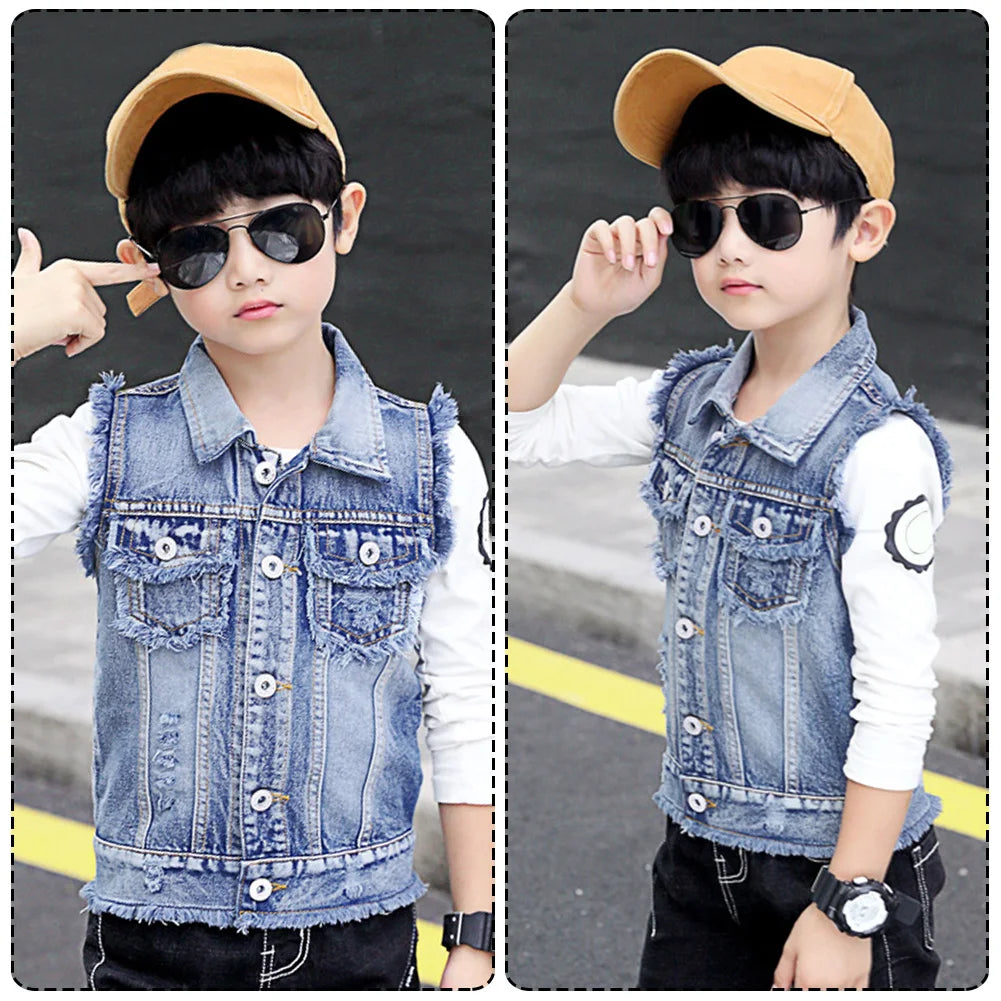 Kids Denim Jacket Boys Vest Coat Sleeveless Tassels Lapel Outerwear Casual Button Children's Cowboy Waistcoat Girls Denim Vest