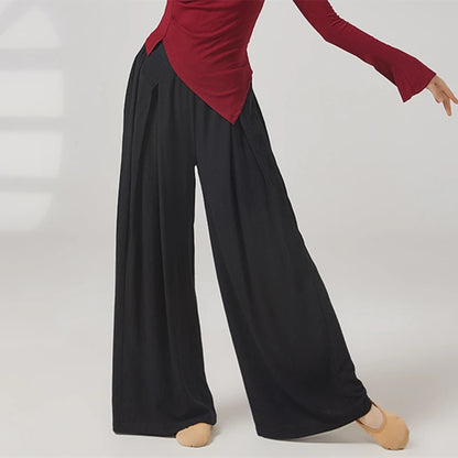 Modern Dance Pant Women Pleat Wide-Leg Trousers Long Straight Elastic Waist Casual Daily Wear Classical Stage Training Costumes
