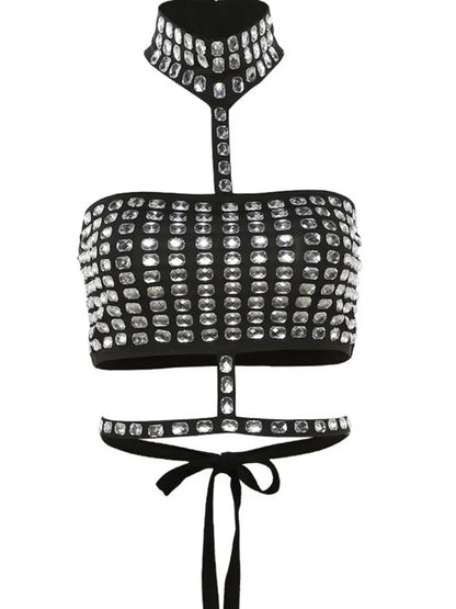 Sexy Women Edgy Clothes Y2k Accessories Beading Hot Crop Top Neck-Mounted Rave Club Outfits Bandage Camison Verano Ropa De Mujer