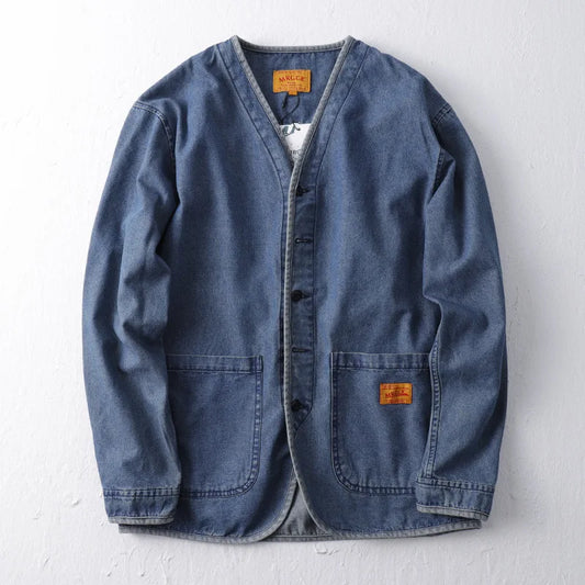 Hip Hop Men's Washed Workwear Denim Jacket Spring Autumn Collarless Taoist Robe V-neck Jackets And Coats Streetwear