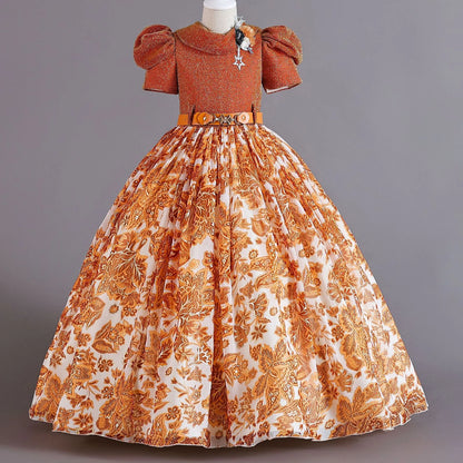 New Children's Wear Chiffon Decal Retro Pattern Children's Dress Girls Wear Waist Striped Princess Skirt for 3-12 Years