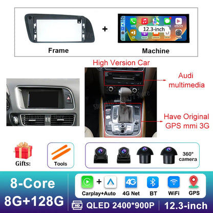 12.3 inch GPS Navigation Wireless Carplay Android 14 for Audi Q5 2009 - 2017 BT Car Multimedia Video Radio Player 4G Auto Tools