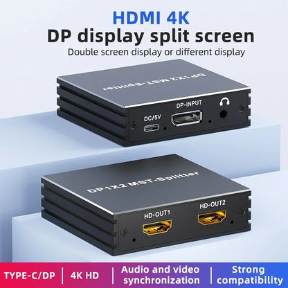 4K 60Hz DisplayPort Splitter 1 In 2 Out DP 1.4 MST Hub 1x2 Extend DP to HDMI Dual Monitor for Desktop Video Card to TV Monitor