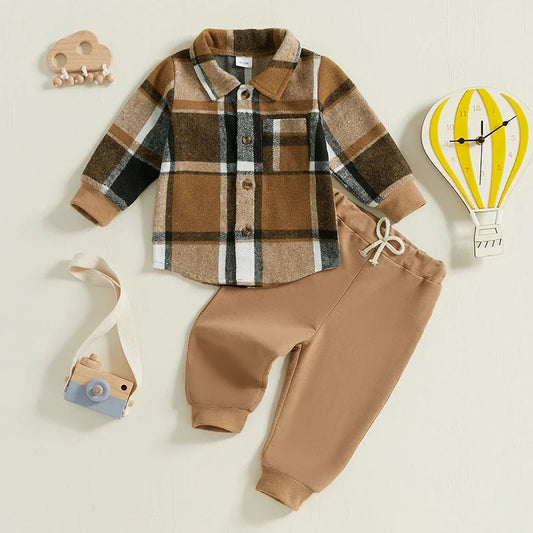 Children Clothing Kids Boys Plaid Print Long Sleeve Turn-down Collar Pocket Shirts Sets Pants Outfits 0-5Y