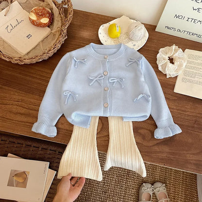 Childrens Clothing 2024 Autumn and Winter New Item Girls Bow Knit Cardigan Sweater Jacket Cute Baby Sweet Top Fashion