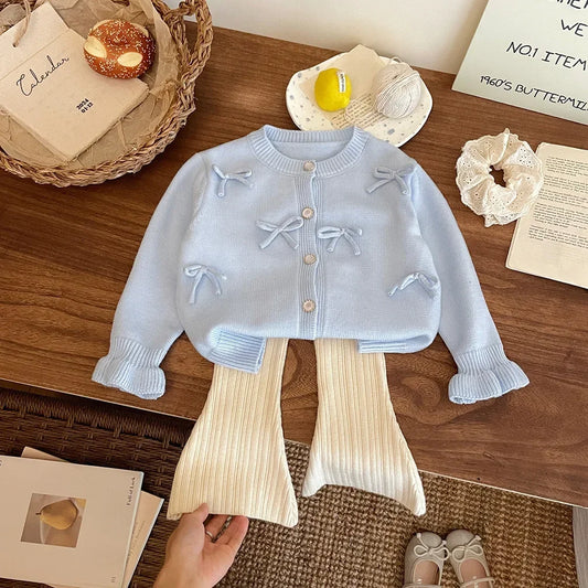 Childrens Clothing 2024 Autumn and Winter New Item Girls Bow Knit Cardigan Sweater Jacket Cute Baby Sweet Top Fashion