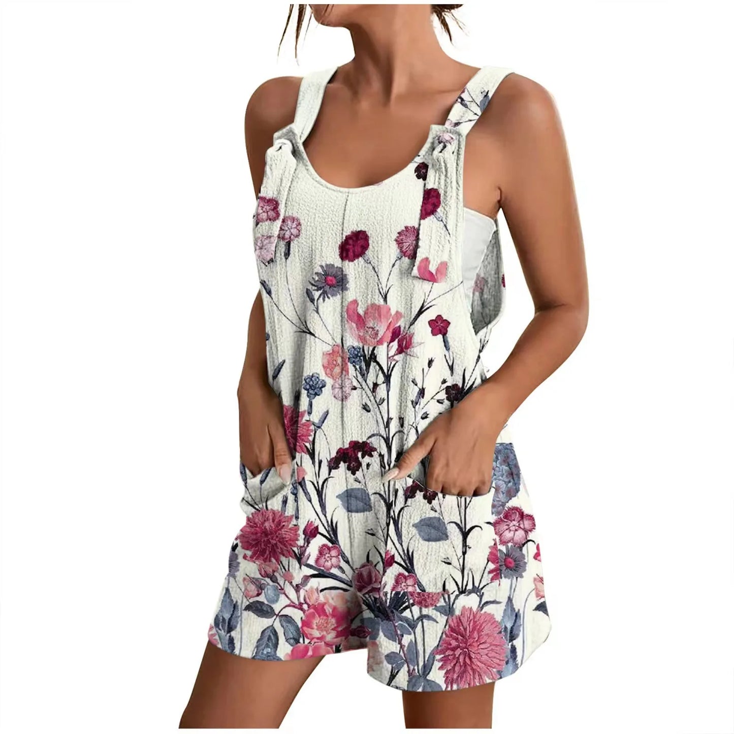 Jumpsuit Rompers for Women Summer Casual Wide Leg Jumpsuits Tie Knot Strap Shorts Romper Overalls with Pockets ropa dama
