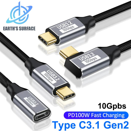 100W PD Fast Charging Cable 5A Type USB C 3.1 Gen 2 Male to Female Extension Cord 90 Angle 10Gbps USB C Extender Data Cables