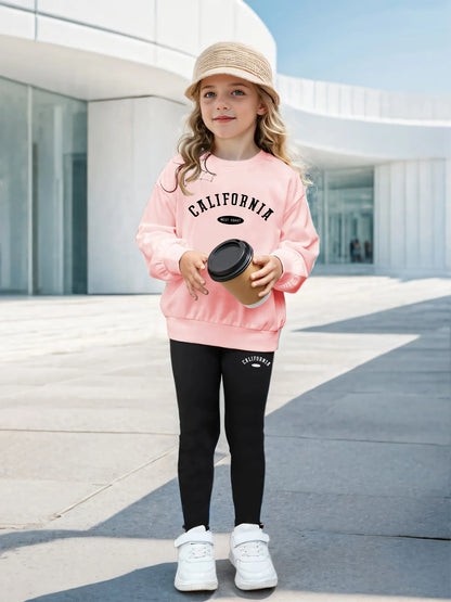 Children's Clothing Girls Spring and Autumn Suits Girls Retro Letter Printed Sweatshirts and Leggings Suits Girls Comfortable at Home and Versatile Clothes for Going Out